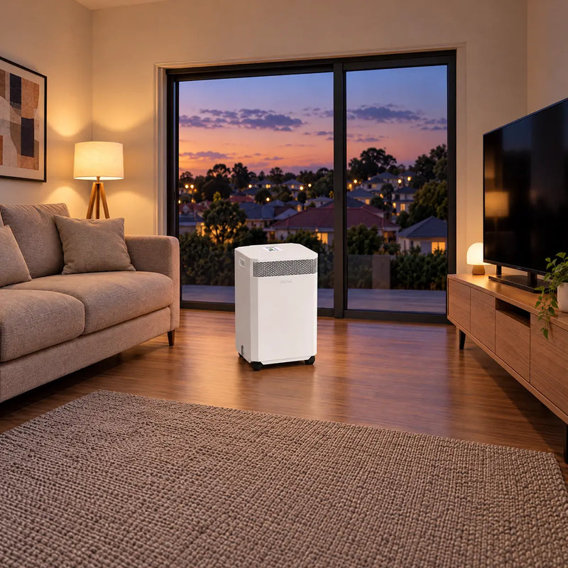 Load image into Gallery viewer, White INOVA air purifier sits on wood floor in modern living room at evening time.