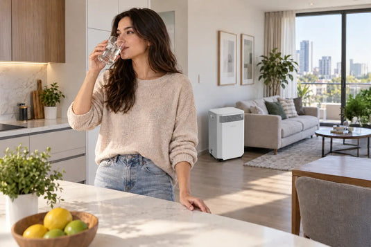 Woman drinking water with a white INOVA E20 Air Purifier in the background