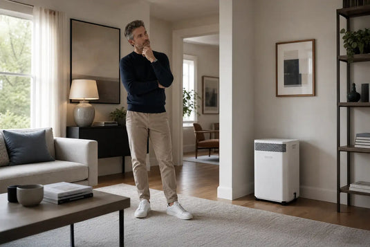 A man standing in a living room thinking about choose the best air purifier for his home, considering the room volume, ceiling height, airflow, air changes per hour, filter quality and whether the room is enclosed or open-plan.