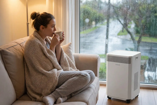 A woman on a couch drinking a hot drink next to an INOVA E20 Air Purifier. Rain Outside.