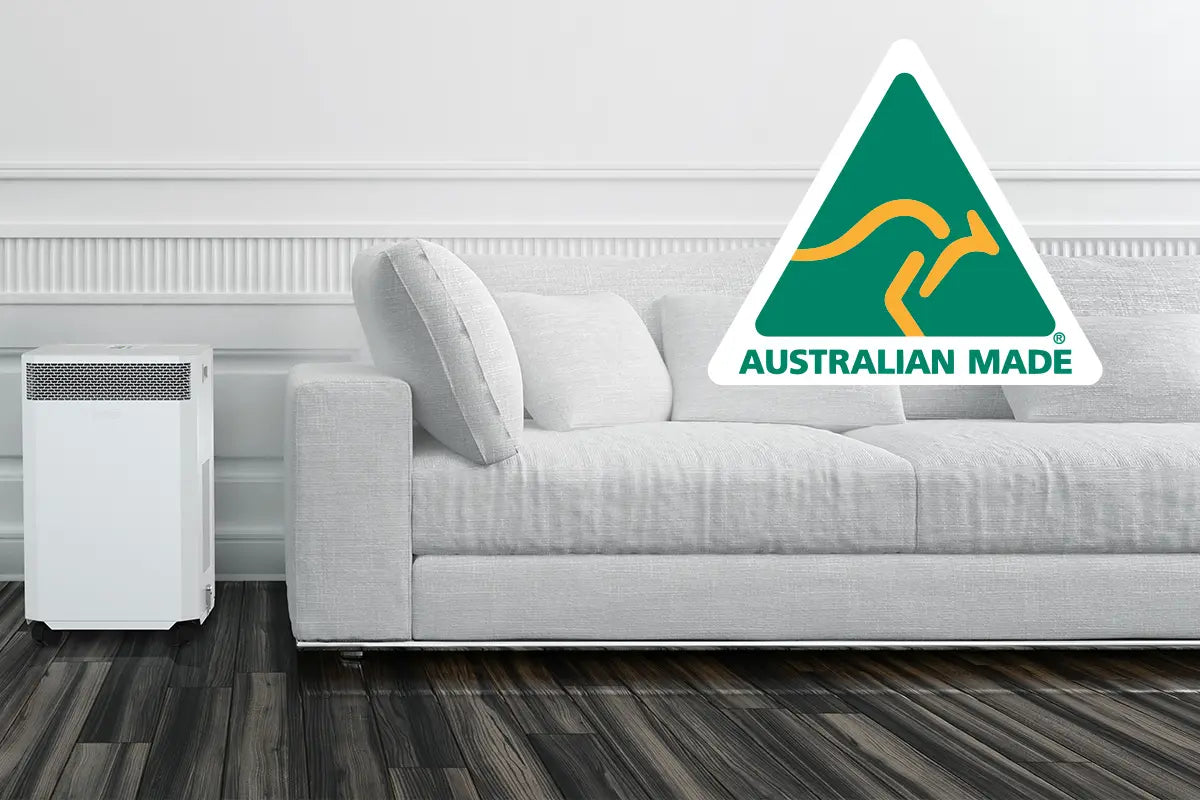 INOVA Air Purifier with a white lounge and the Australian Made Logo