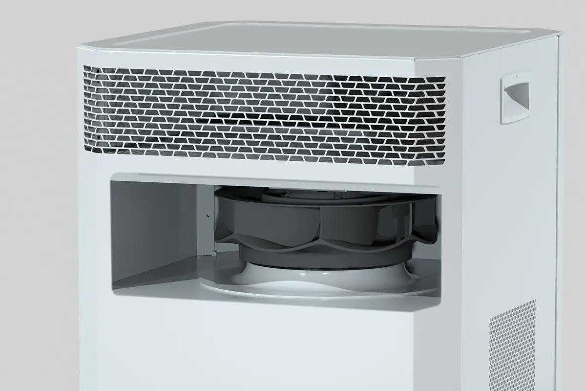 A cutaway view of an INOVA Air Purifier showing the EC fan.