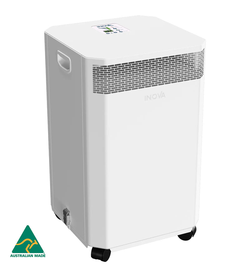 Load image into Gallery viewer, Front side angle of white INOVA DE20 air purifier on white background with Australian Made logo.
