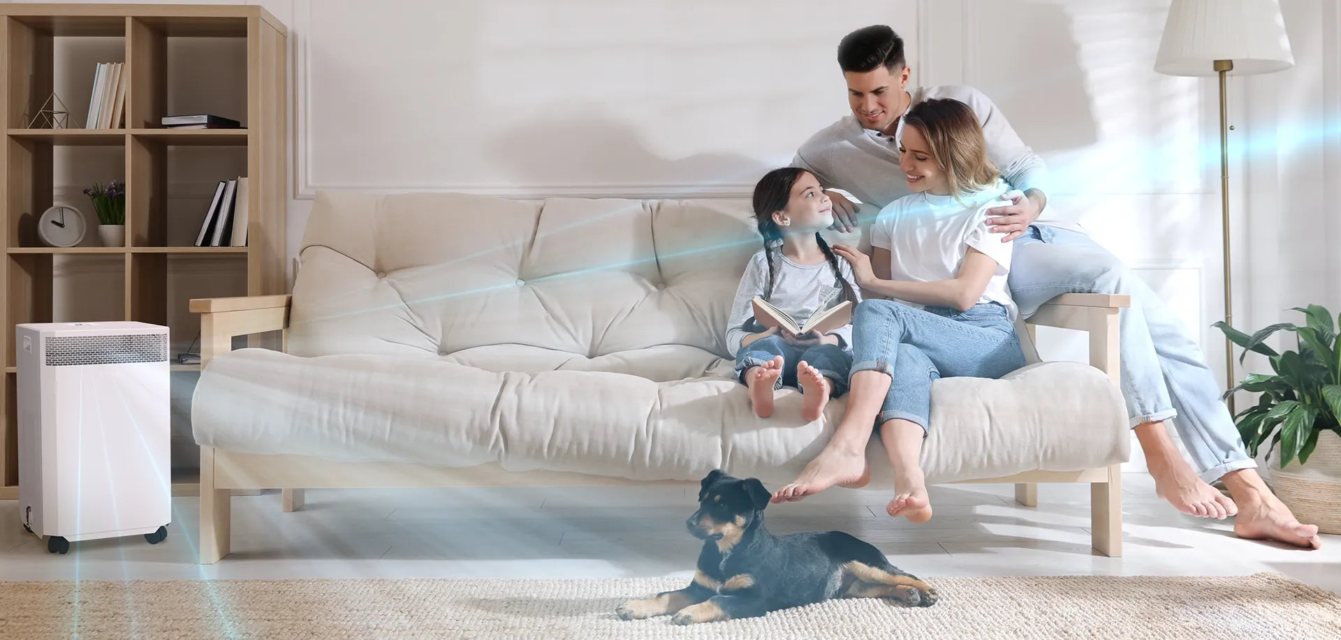 Family with a dog enjoying an INOVA DE20 Air Purifier in their home.