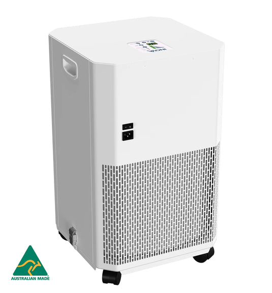 Back view of white INOVA DE20 air purifier on white background with Australian Made logo.
