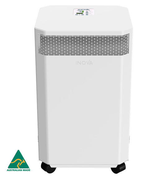 Front view of white INOVA DE20 air purifier on white background with Australian Made logo.