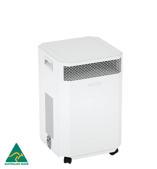 white inova e8 air purifier angled front view